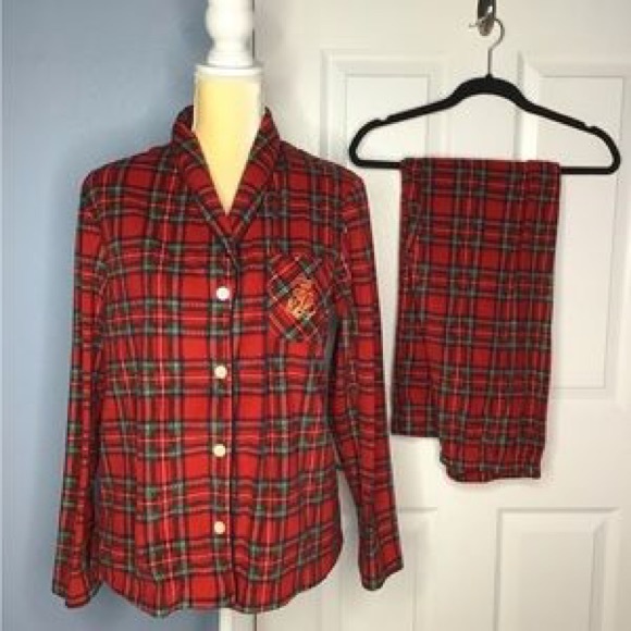 Lauren Ralph Lauren Red Plaid Crest Logo Button Down Fleece Flannel PJ Set - Picture 2 of 5